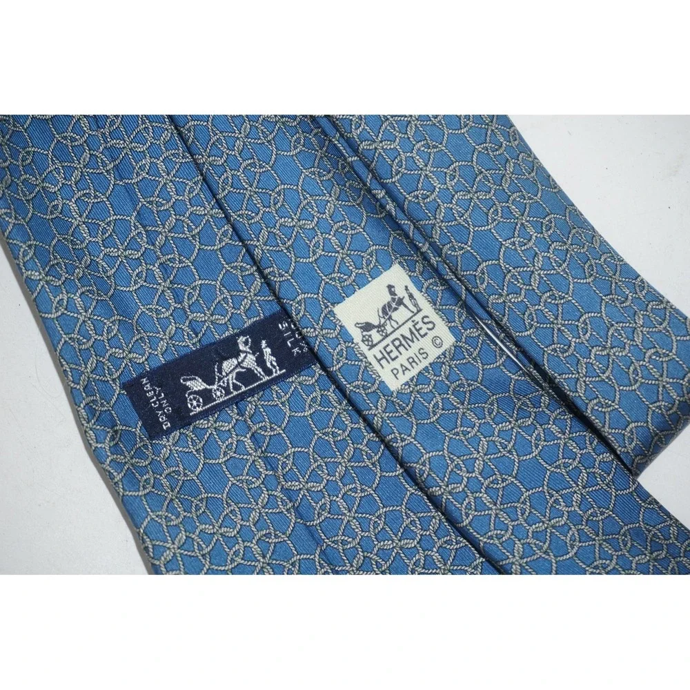 Hermes Paris Tie Mens Blue Geometric Interlocking‎ Rings 100% Silk Rope Pattern